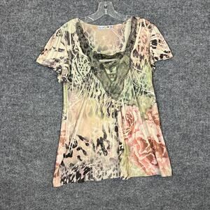 Unity Women Floral Blouse Top Size Large Petite Bohemian Artsy Lace Trim Stretch